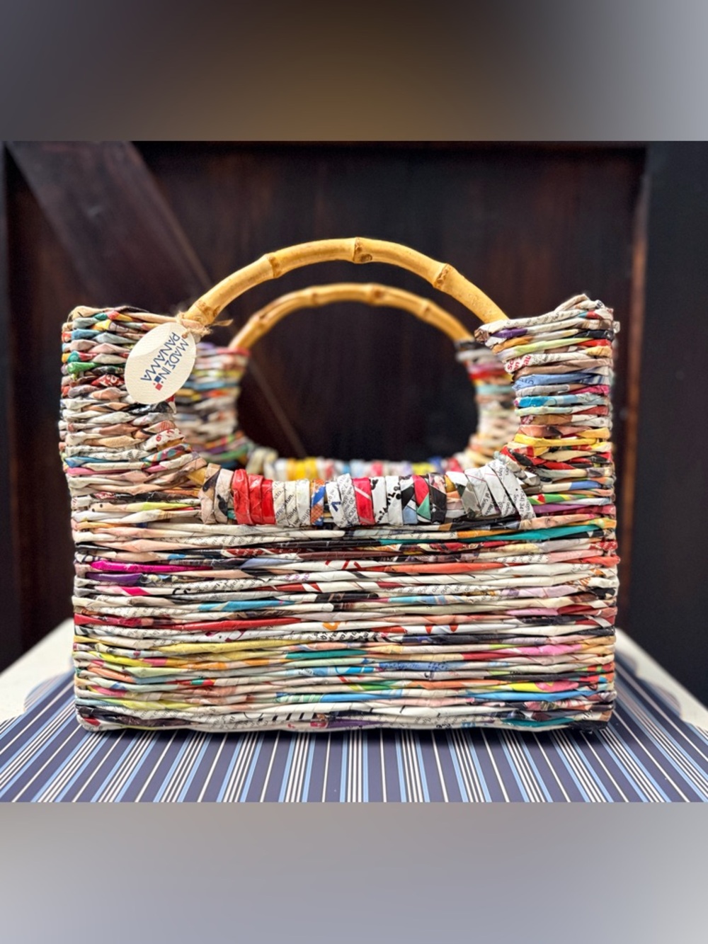 Handwoven Multicolor Paper Straw Tote with Bamboo Handles Made in Panama